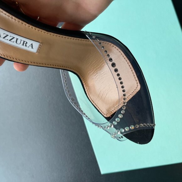 NWT Aquazzura Ray Of Light Sandals Plexi Crystal Peep Toe 105 Black Suede/PVC - Picture 9 of 13
